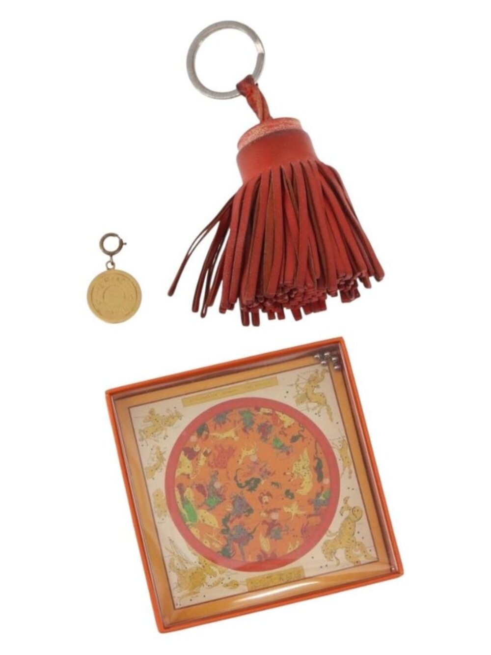 HERMES Charm Metal Leather 3 Set Red Gold Silver Auth bs30857